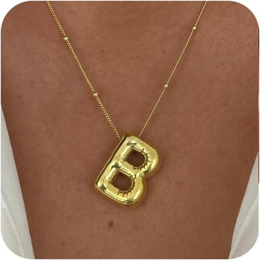 Bubble Gold Letter Necklace, 14k Gold Plated Balloon Initial Pendant, Dainty Chunky Custom Name Necklace for Women