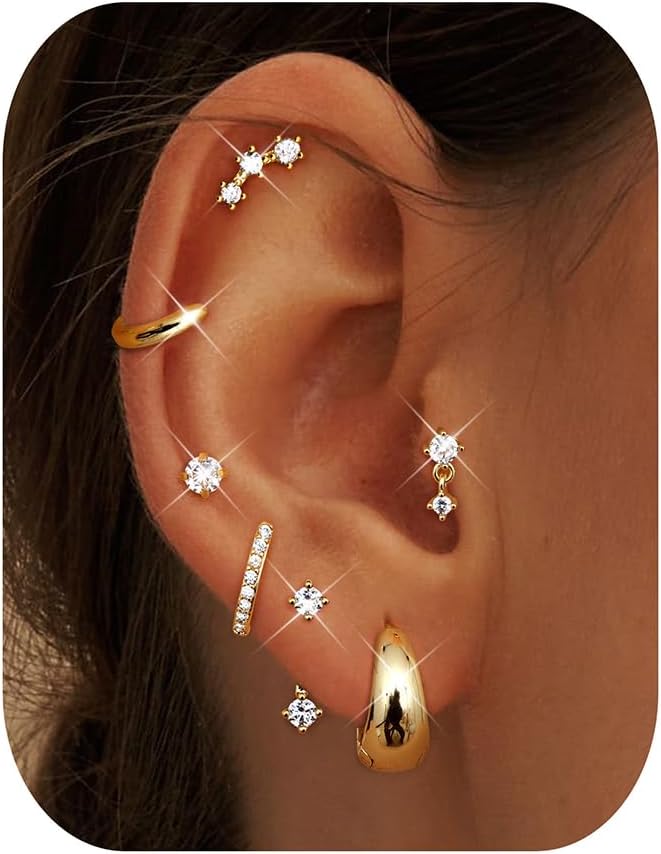 Small Stud Hoop Earrings for Women - 7 Pairs Hypoallergenic 14K Gold Plated Huggie Earring Sets for Multiple Piercing