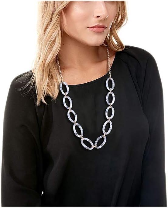 for Women: Leopard & Tortoise Print Acetate Collar Necklace with Metal Oval Resin Chain