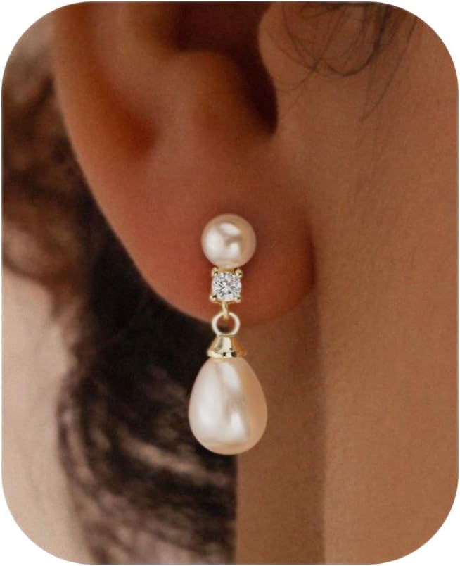 Pearl Earrings: 14k Gold-plated Cubic Zirconia Accented Pearl Drop Dangle Wedding Engagement Earrings For Women Bridal Bridesmaid
