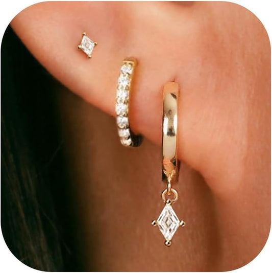 3 Pairs Small Gold Hoop Earring, 14K Gold Plated Earring Stacks Butterfly Heart Star Moon Bow Four Leaf Rhombus Round CZ Pearl