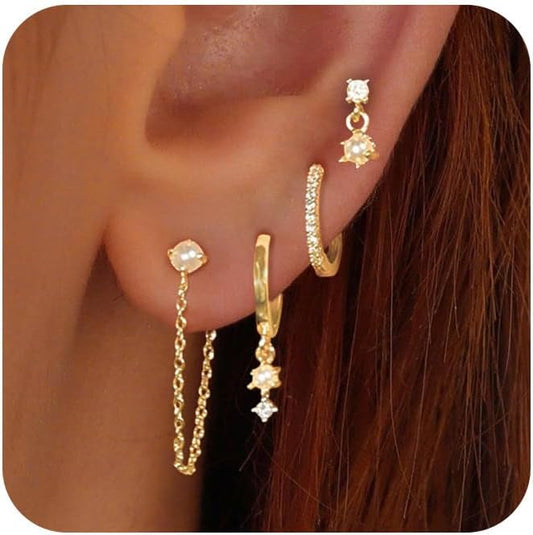 Gold Earrings for Women, 14k Gold Plated Dangle Huggie Earrings for Women Trendy Dainty Gold Hoop Earring Stacks  Pearl Chain Drop Cartilage