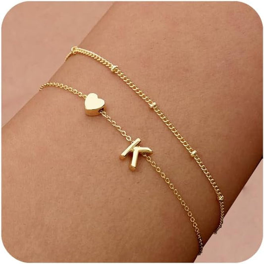 Dainty Initial Heart Gold Bracelets for Women Trendy, 14K Real Gold Letter Charm Bracelet Jewelry