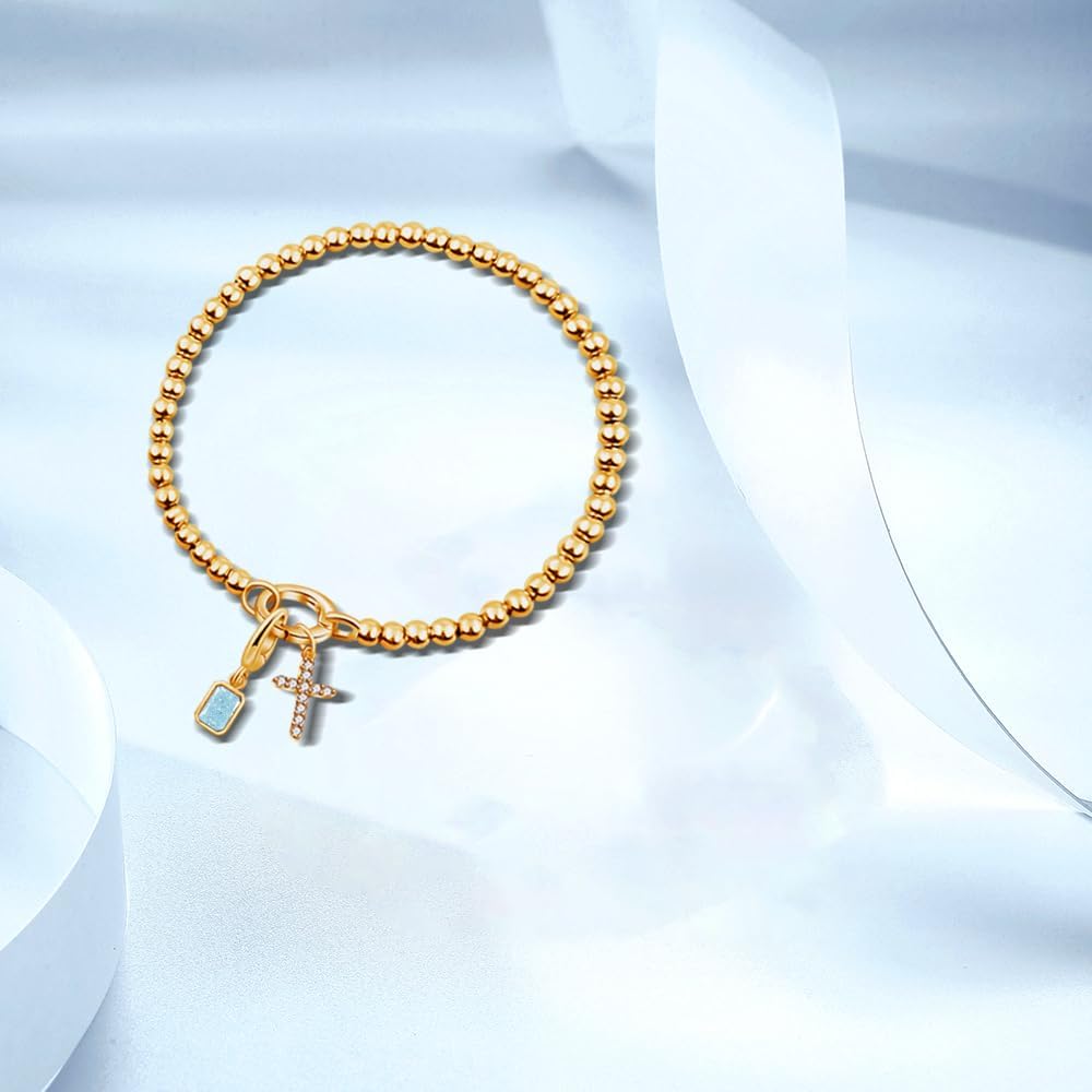 Free bird Cross Birthstone Bracelet | Dainty 14K Gold Plated Cross Charm Bracelet | Stretchable Elastic Gold Beaded Bracelet