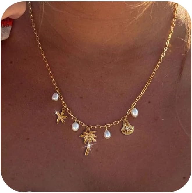 Dainty Gold Beach Charm Necklace With Shell & Starfish Pendant - Non-Tarnish Summer Jewelry Gift For Women