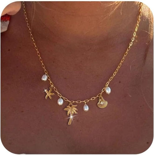 Dainty Gold Beach Charm Necklace With Shell & Starfish Pendant - Non-Tarnish Summer Jewelry Gift For Women