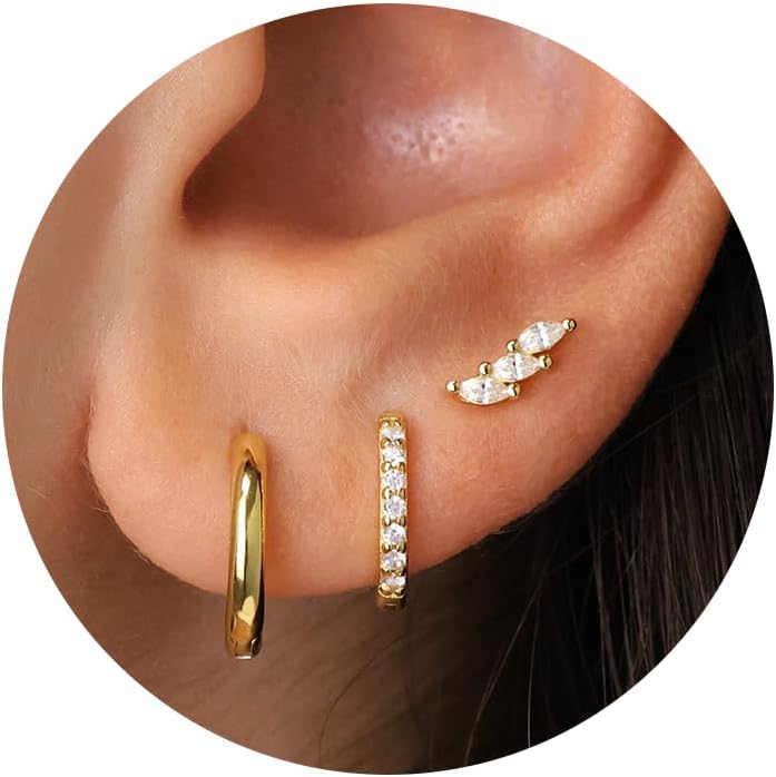 Freekiss 3 Pairs Gold Hoop Earrings Set: Dainty Stud Earrings Trendy Small 14K Gold Plated Hypoallergenic Dangle Cartilage