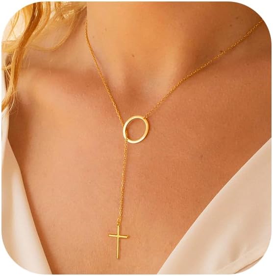 Lariat Gold Necklace for Women: Dainty 14K Gold Plated/Silver Y-Shaped Beaded Drop Chain, Trendy Gift