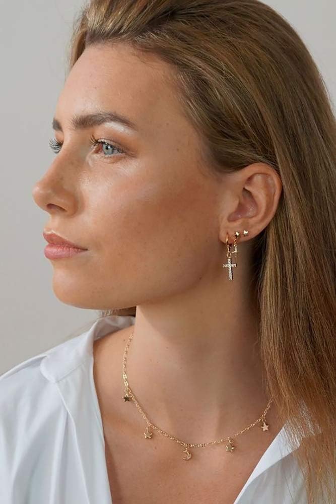 Gold Huggie Small Hoop Earrings with Charm Personalized /Star/Cross/Lock/Key 18k Gold Plated Crystal Drop Dangle Earrings for Women