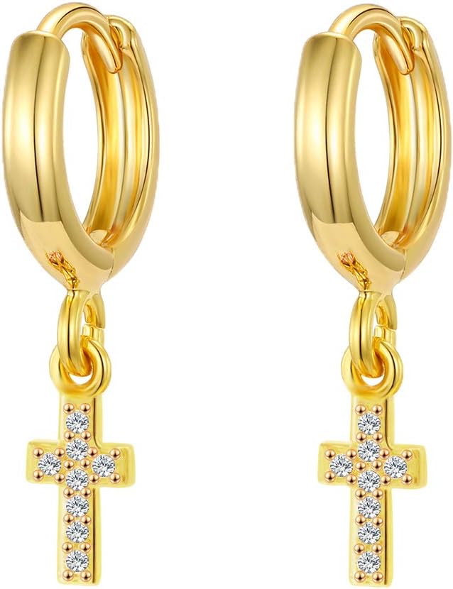Gold Huggie Small Hoop Earrings with Charm Personalized /Star/Cross/Lock/Key 18k Gold Plated Crystal Drop Dangle Earrings for Women