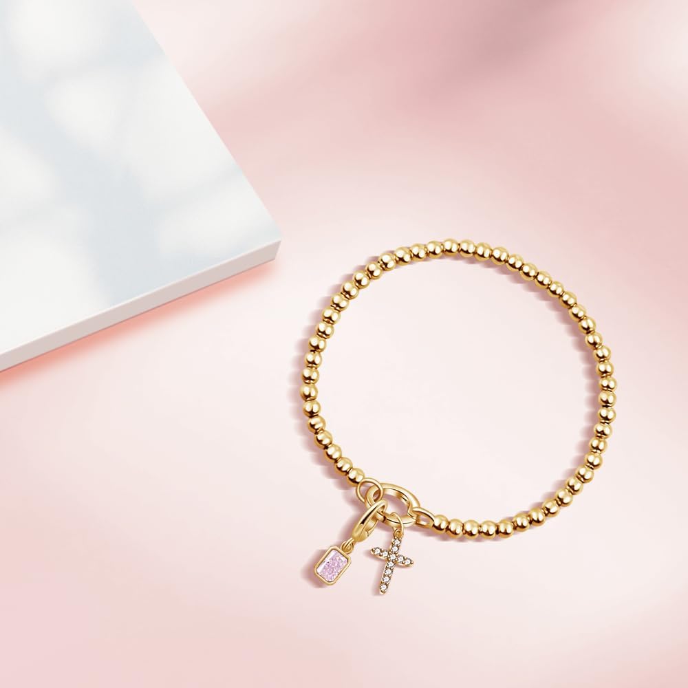 Free bird Cross Birthstone Bracelet | Dainty 14K Gold Plated Cross Charm Bracelet | Stretchable Elastic Gold Beaded Bracelet