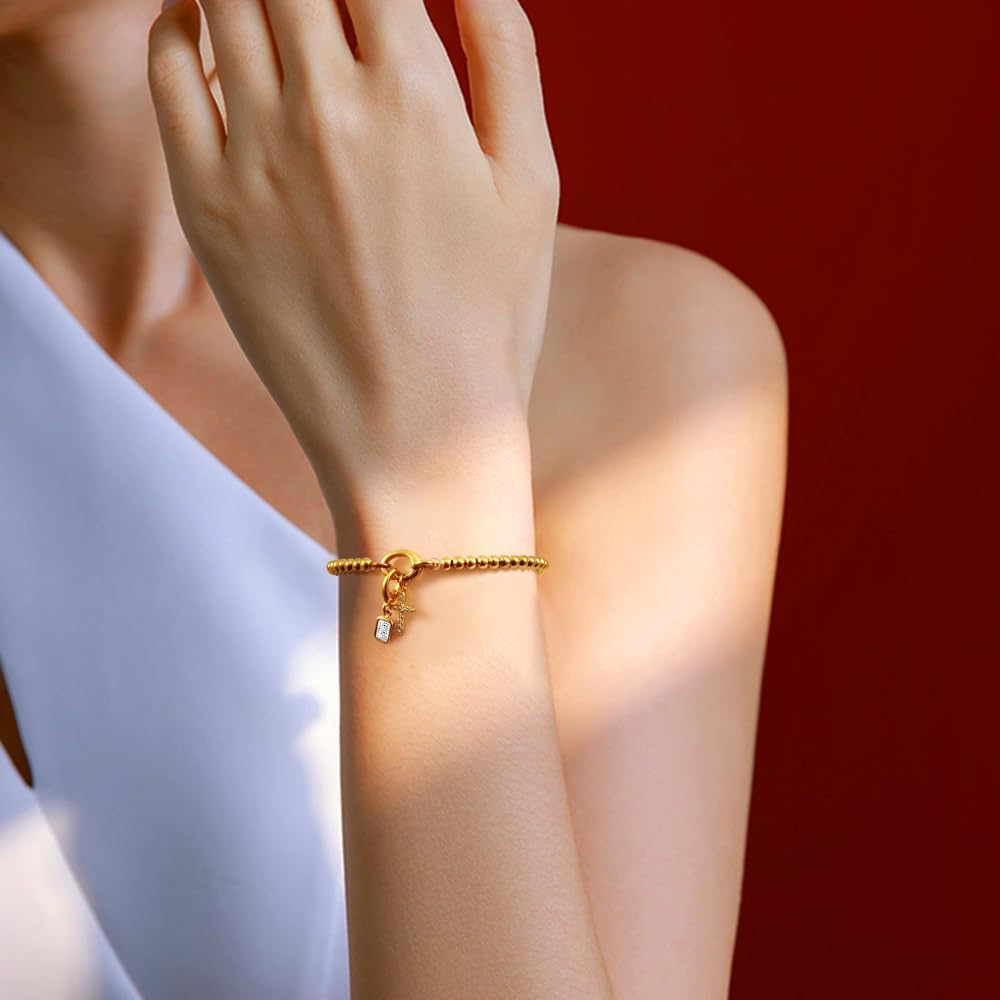 Free bird Cross Birthstone Bracelet | Dainty 14K Gold Plated Cross Charm Bracelet | Stretchable Elastic Gold Beaded Bracelet