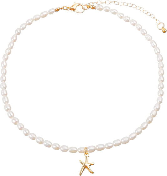 Women's Freshwater Pearl Choker Necklace, 14K Gold Plated Handmade Adjustable Boho Elegant Gift