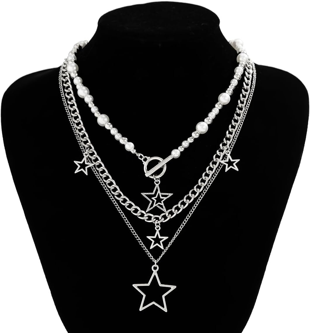 Y2K Star Pendant Necklace - Silver Layering Toggle Chain for Women
