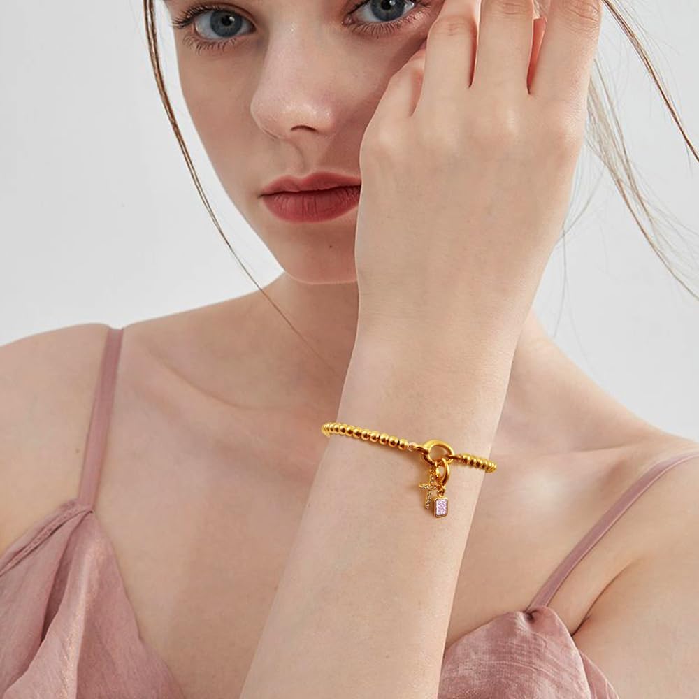 Free bird Cross Birthstone Bracelet | Dainty 14K Gold Plated Cross Charm Bracelet | Stretchable Elastic Gold Beaded Bracelet