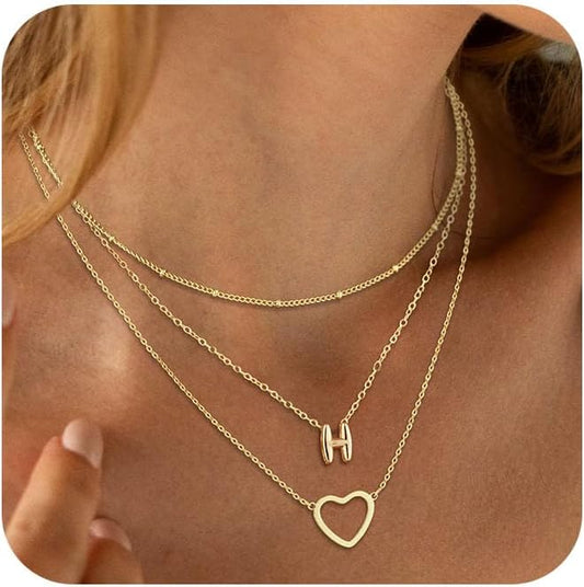 14K Gold Plated Initial Necklace, Layered Heart & A-Z Letter Personalized Gift for Women