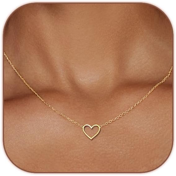 18K Gold Plated Heart Necklace for Women, Dainty Tiny Love Pendant Choker, Simple Open Heart Chain, Trendy Minimalist Gold Jewelry Gift