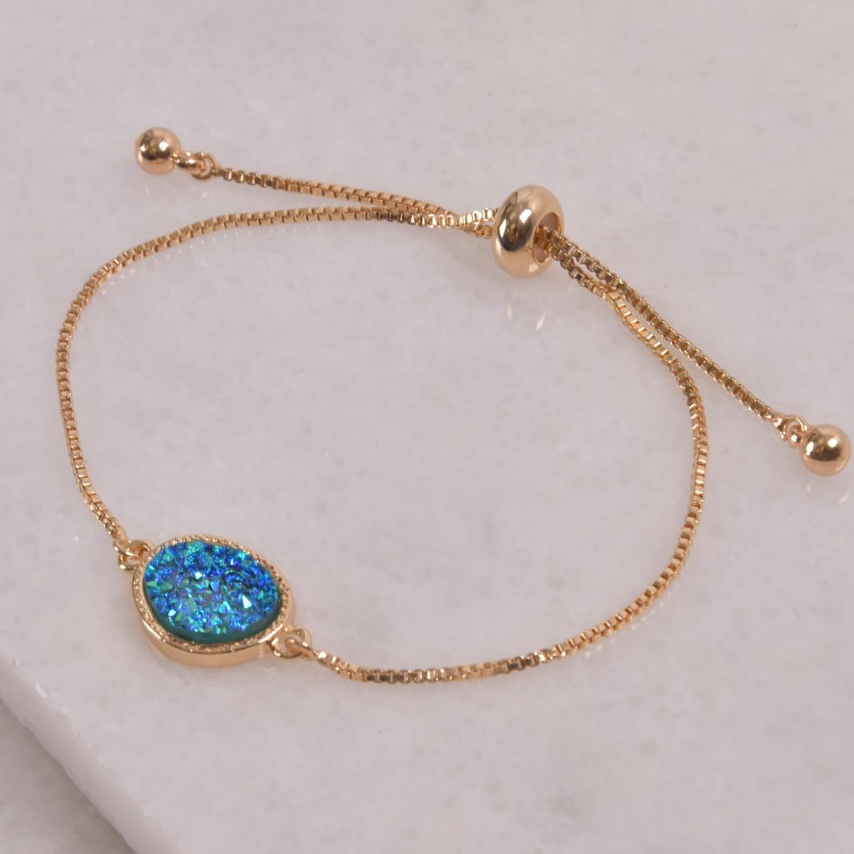 Humble Chic NY Simulated Druzy Chain Bracelet for Women - Boho Stackable Adjustable Bolo Slider Bracelet