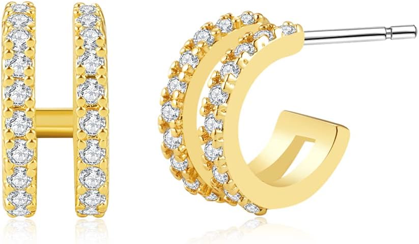 14K Gold Plated Triple Huggie Illusion Stud Earrings | Double Huggie Hoop Earrings for One Hole | Gold Hoop Earrings for Women