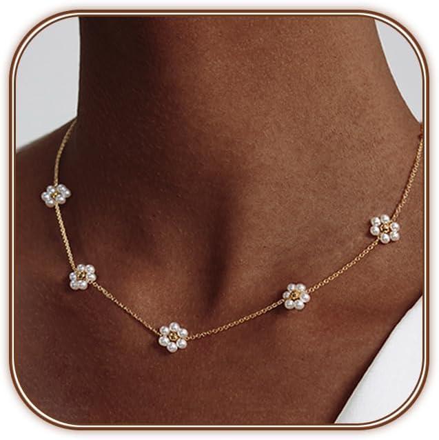 14K Gold Plated Pearl Necklace Set for Women - Dainty Layered Daisy Choker, Elegant Gift