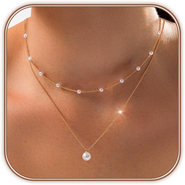 14K Gold Plated Pearl Necklace Set for Women - Dainty Layered Daisy Choker, Elegant Gift