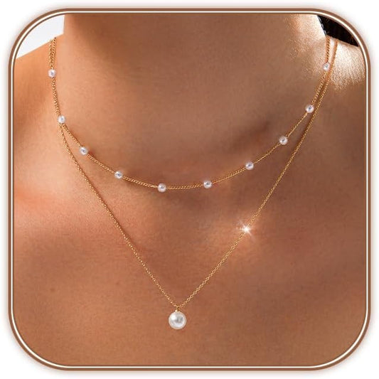14K Gold Plated Pearl Necklace Set for Women - Dainty Layered Daisy Choker, Elegant Gift