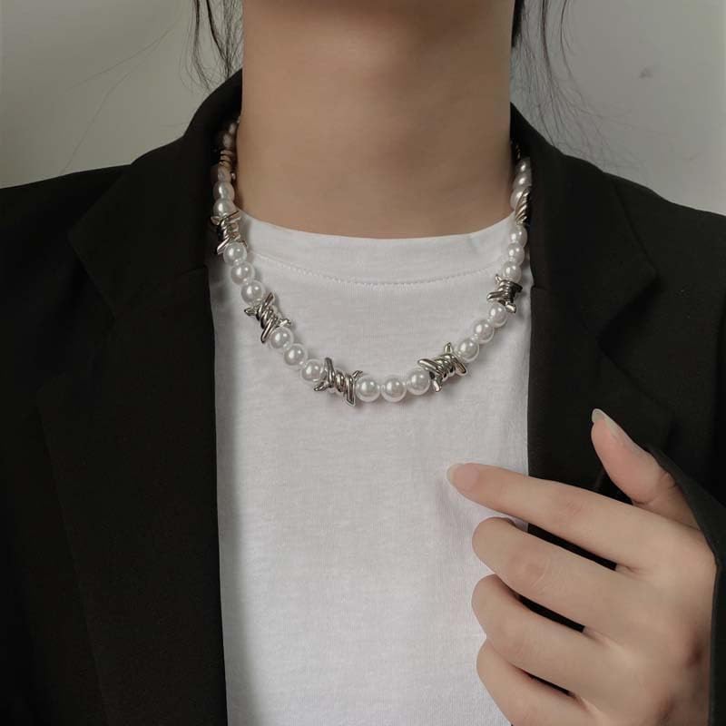 Adjustable Barbed Wire Necklace - Black Pearl Punk Gothic Chain for Men & Women