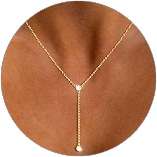 Lariat Gold Necklace for Women: Dainty 14K Gold Plated/Silver Y-Shaped Beaded Drop Chain, Trendy Gift