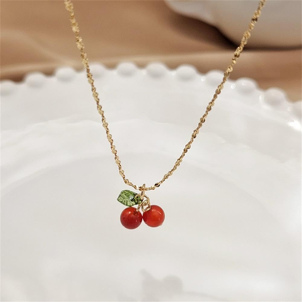 Cute Cherry Pendant Necklaces Faux Pearl Cherry Charms Necklace Kawaii Cherry Fruit Gold Chain Necklaces Fruits Cute Choker for Women Girls