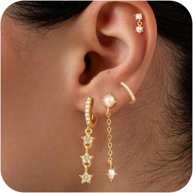 Pearl Dangle Hoop Earrings for Women - Dainty14K Gold Plated Small Drop Chain Hoops Trendy Earring Sets for