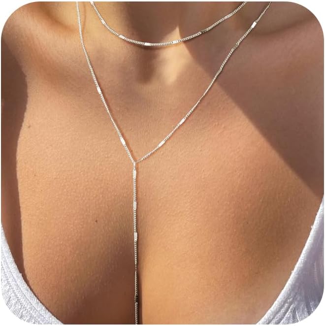 Adjustable Lip Chain Necklace | 14K Gold/Silver Y-Shaped Layered Pendant w/ Cubic Zirconia Beads - Dainty Gift for Her