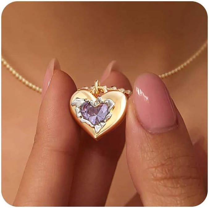 14K Gold Birthstone Heart Necklace - CZ Pendant Jewelry for Women, Birthday Gift