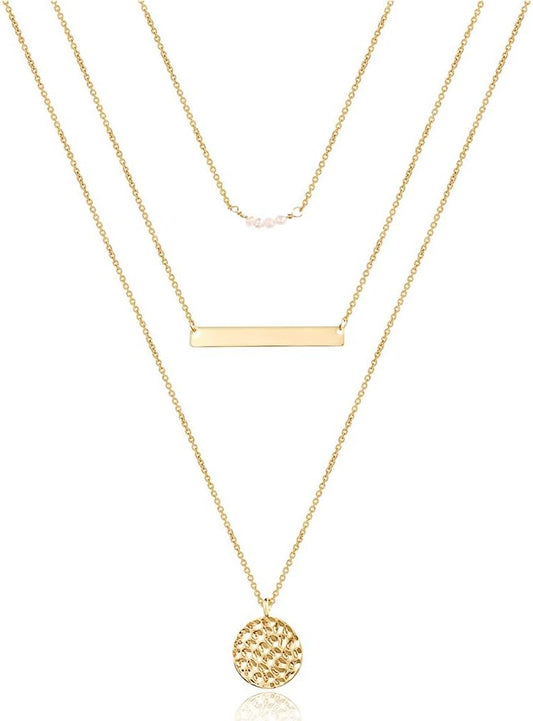 Handmade 14K Gold Plated Choker Set - Layered Y-Pendant & Disc Necklace, Adjustable