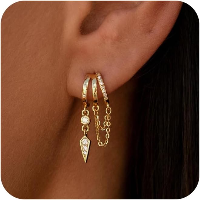 Dangle Earrings for Women,14k Gold Plated Triple Huggie Stud Earrings Cute Statement Chain Earring Dainty Drop