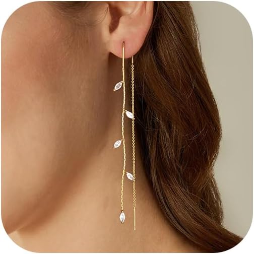 Dangle Threader Earrings for Women: Dainty 14k Gold Plated Drop Long Chain Earrings Trendy  Non Tarnish Elegant Cubic