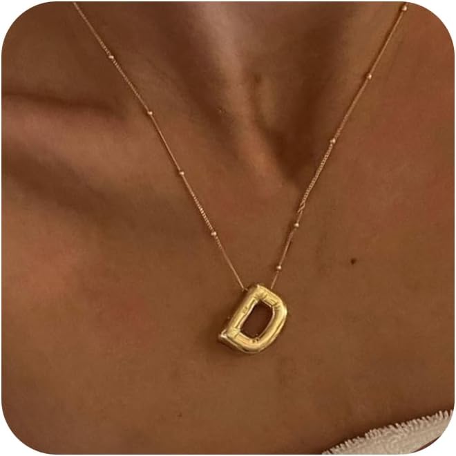 Bubble Gold Letter Necklace, 14k Gold Plated Balloon Initial Pendant, Dainty Chunky Custom Name Necklace for Women