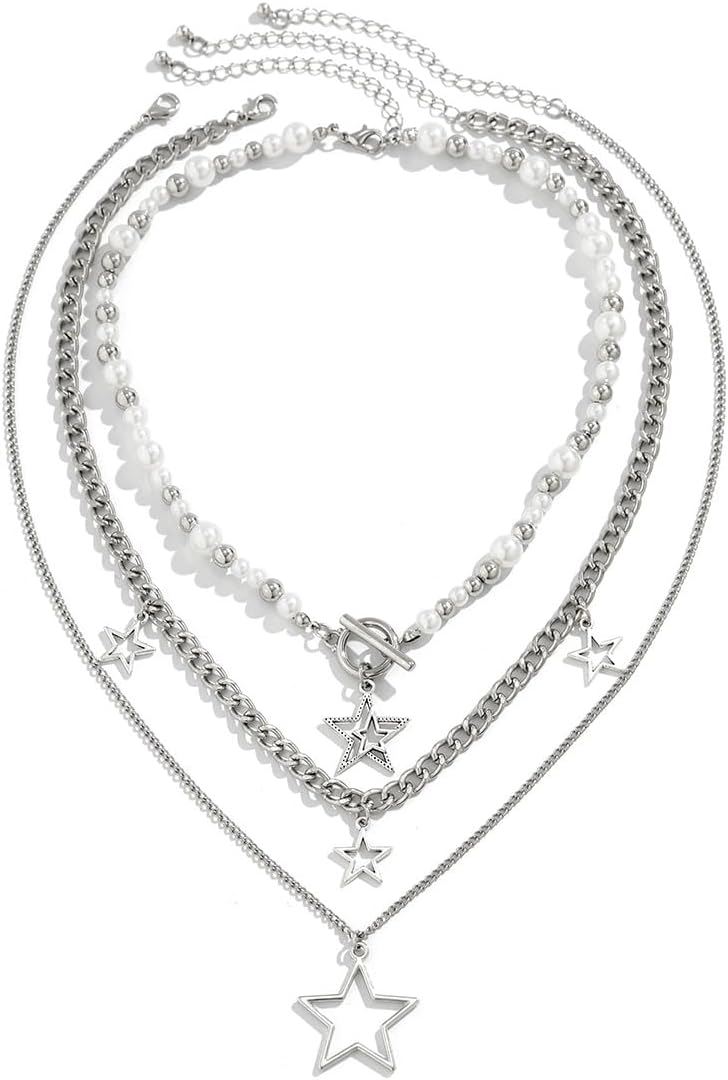 Y2K Star Pendant Necklace - Silver Layering Toggle Chain for Women