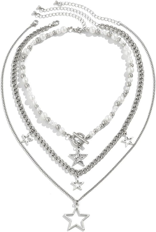 Y2K Star Pendant Necklace - Silver Layering Toggle Chain for Women