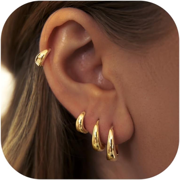 Small Gold Huggie Hoop Earrings Set for Women Men Hypoallergenic 14K Plated Stack Cartilage Earrings, Multiple Piercing