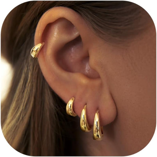 Small Gold Huggie Hoop Earrings Set for Women Men Hypoallergenic 14K Plated Stack Cartilage Earrings, Multiple Piercing