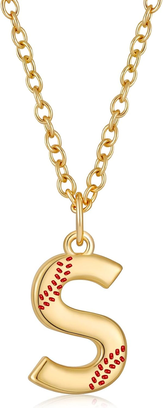 Softball Initial Necklace for Women Girls, Gold A-Z Letter Pendant Necklace Softball Baseball Mom Themed Jewelry Gifts