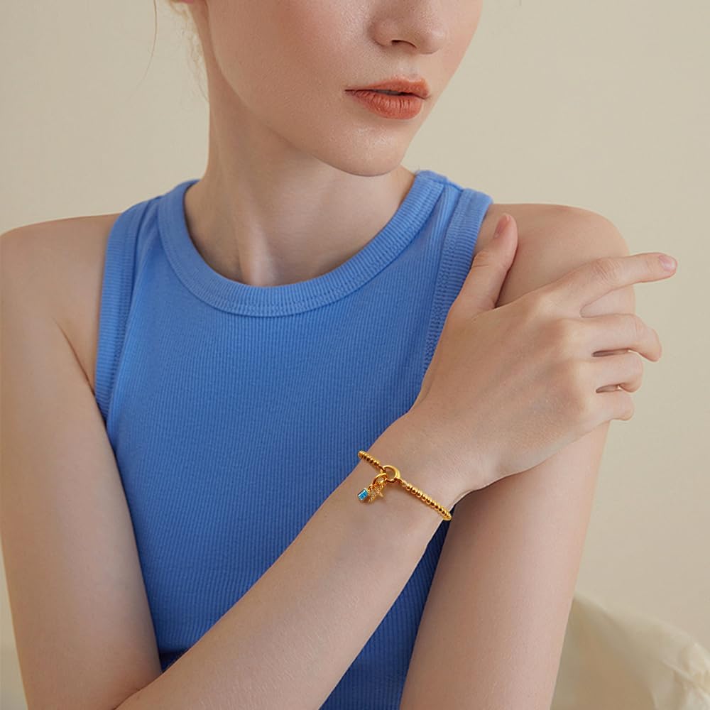 Free bird Cross Birthstone Bracelet | Dainty 14K Gold Plated Cross Charm Bracelet | Stretchable Elastic Gold Beaded Bracelet