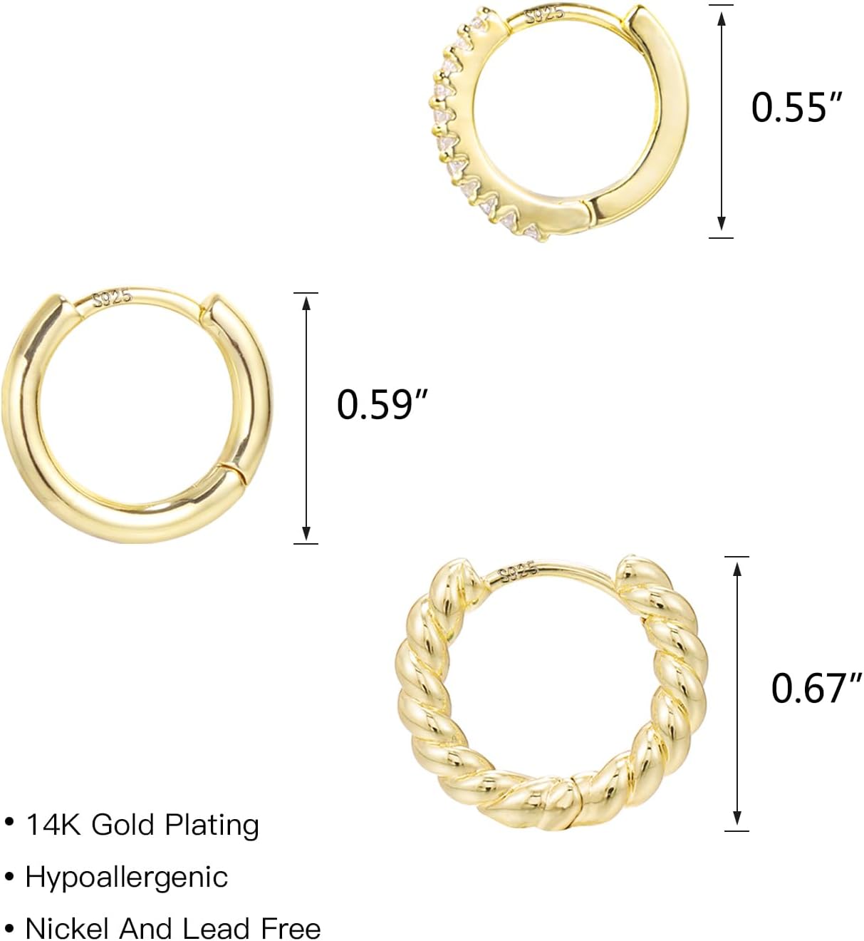 3 Pairs Small Huggie Hoop Earrings Set 14K Gold Hypoallergenic Lightweight Huggie Hoops Earrings for Women Girls