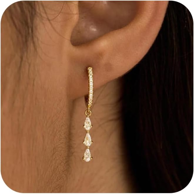 14K Gold Plated Butterfly Dangle Earrings for Women - Dainty, Trendy, CZ Drop Earrings - Simple Long Dangling Jewelry