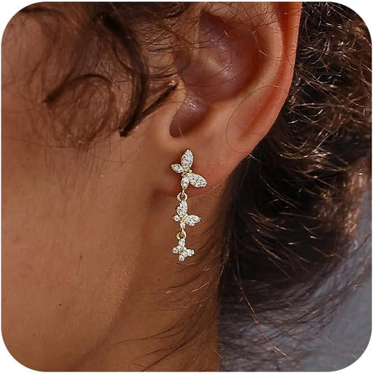 14K Gold Plated Butterfly Dangle Earrings for Women - Dainty, Trendy, CZ Drop Earrings - Simple Long Dangling Jewelry