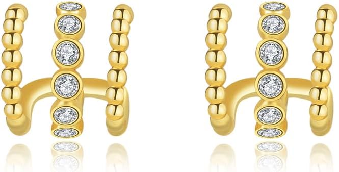 14K Gold Plated Triple Huggie Illusion Stud Earrings | Double Huggie Hoop Earrings for One Hole | Gold Hoop Earrings for Women