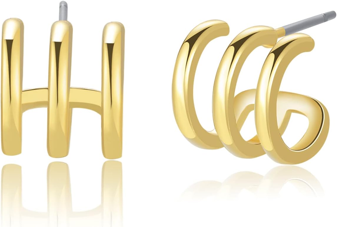 14K Gold Plated Triple Huggie Illusion Stud Earrings | Double Huggie Hoop Earrings for One Hole | Gold Hoop Earrings for Women