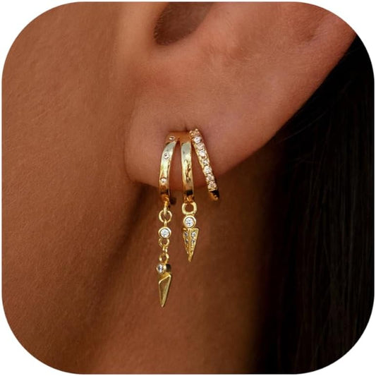 Dangle Earrings for Women,14k Gold Plated Triple Huggie Stud Earrings Cute Statement Chain Earring Dainty Drop