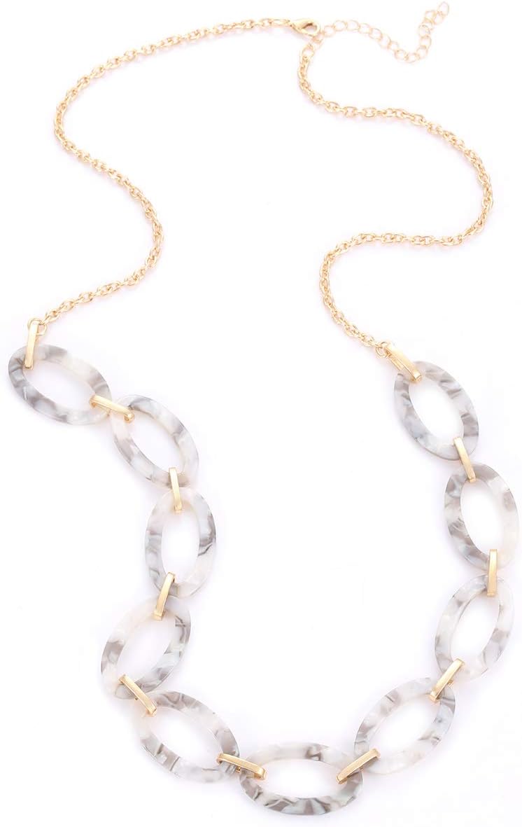 for Women: Leopard & Tortoise Print Acetate Collar Necklace with Metal Oval Resin Chain