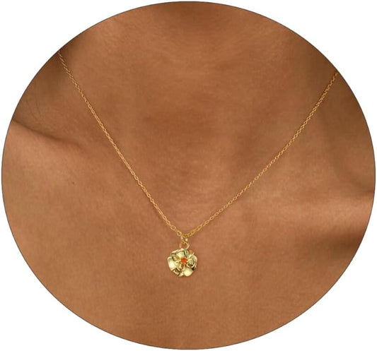 Dainty Birth Flower Necklace with Emerald Birthstone, 14K Gold Plated Cubic Zirconia Pendant, Birthday Gift for Women